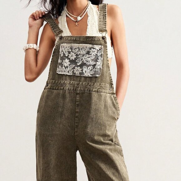 Army Green Casual Womens Boho Woven Loose Washed Patchwork & Lace overalls pants - Picture 5 of 8